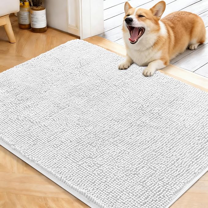 OLANLY Dog Door Mat for Muddy Paws 40x32, Absorbs Moisture and Dirt, Absorbent Non-Slip Washable Doormat, Quick Dry Chenille Mud Mat for Dogs, Entry Indoor Entryway Carpet for Inside Floor, White