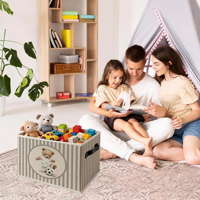 Soccer Bear Nursery Foldable Storage Bins Box with Handles, Neutral Striped Soccer Player Bear Collapsible Organizer Basket for Boys Kids Bedroom Bathroom Playroom Clothes Books
