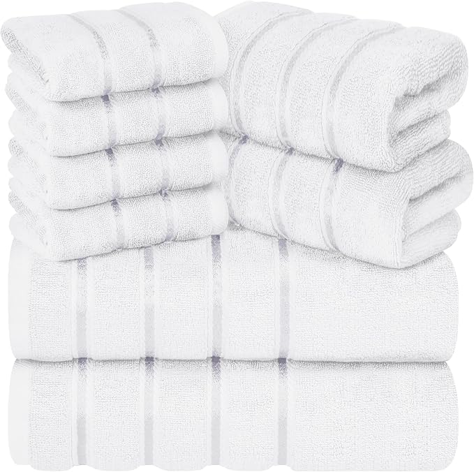 Luxury Towels for Bathroom Set of 8-2 Bath Towels 2 Hand Towels 4 Washcloths - 600 GSM 100% Cotton Ring Spun Viscose Border Towels Set - White