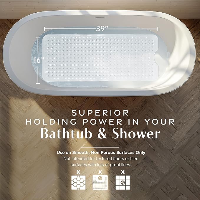 SlipX Solutions Power Grip Bathtub Safety Mat | Precision Grip Technology for Longer, Stronger, & Softer Wet Surface Protection | Solid White 39"x16"