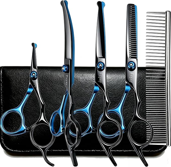 Dog Grooming Scissors Kit, Fcysy Professional Pet Shears for Cats at Home, Dog Grooming Tools with Curved & Straight Blades Scissors Thinning Shears Pet Supply Set