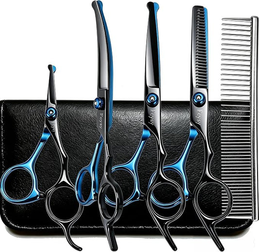 Dog Grooming Scissors Kit, Fcysy Professional Pet Shears for Cats at Home, Dog Grooming Tools with Curved & Straight Blades Scissors Thinning Shears Pet Supply Set