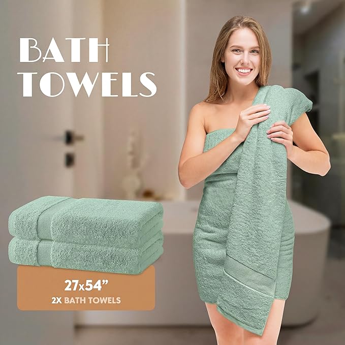 White Classic Mint Green Bath Towel Set of 6-100% Cotton Highly Absorbent Towels for Bathroom, 2 Luxury Bath Towels 650GSM, 2 Hand Towels, 2 Washcloths