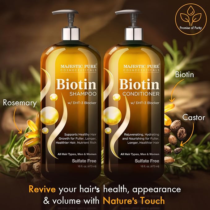 Majestic Pure Rosemary Castor & Biotin Shampoo and Conditoner-16fl oz each | Hair Thinning & Volumizing Shampoo for Hair Loss and Body for 72+ Hours - with DHT-3 Blocker Sulfate Free and Vegan Formula