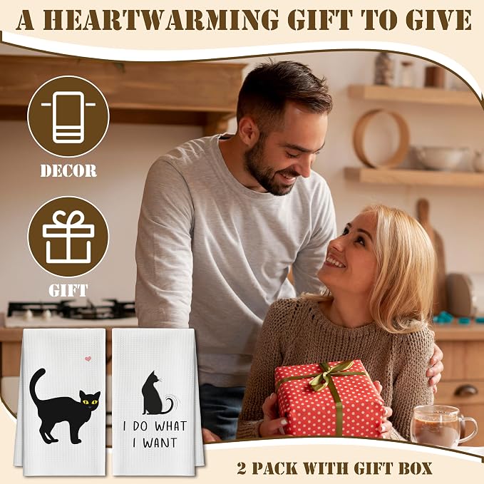 Kitchen Towels Set of 2, Black Cat Dish Towel for Kitchen, Decorative Hand Towels for Bathroom, Fast Drying Tea Towel with Funny Sayings, Housewarming Gifts for Cat Lover Women Mom -B05