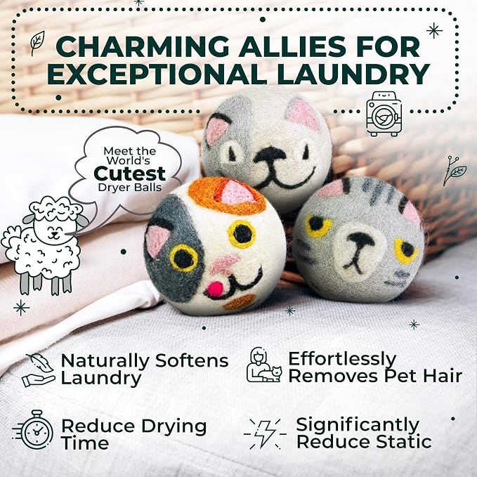 Chemical Free & Baby Safe! Reusable Wool Dryer Balls XL 6-Pack - Reduces Static, Cuts Dry Time, & Softens Naturally