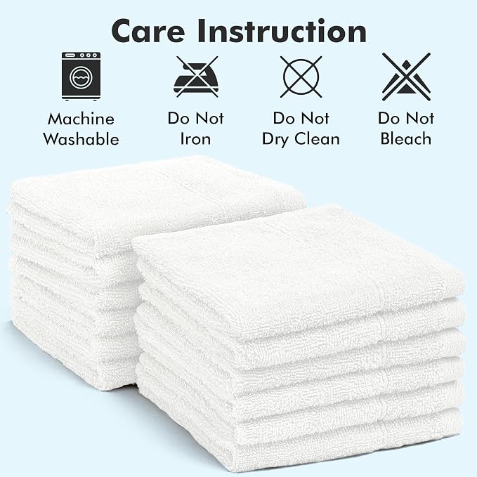 Face Towels Pack of 12 – 100% Cotton Wash Cloths (12x12 inch) – 550 GSM Soft, Quick Dry & Highly Absorbent Ring Spun Cotton Towels for Bathroom, Spa, Gym, Kitchen and for Daily Use - (White)