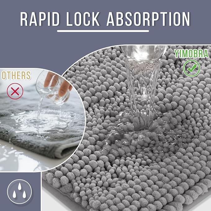 Yimobra Bathroom Rug Mat 44 x 24, Non Slip and Super Absorbent Bath Mat,Machine Washable Quick Dry,Ultra Plush Chenille Shower Rugs for Bathroom Floor Sink Tub and Shower Outside,Gray
