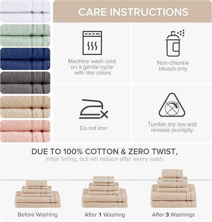 Comfort Spaces 6 Pc Towel Set, 100% Cotton Zero Twist, Beige Tan | Zero Twist Cotton, Quick Dry Ultra Soft, 2 Bath 2 Hand 2 Washcloth, Absorbent Lightweight Towels for Everyday