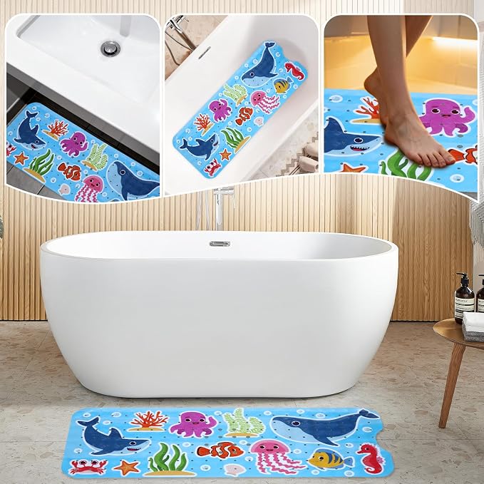 Baby Bath Mat for Tub Non Slip Kids Bathtub Mat Extra Long 40X16 Inch Toddler Bath Tub Shower Mat Anti Slip with Suction Cups & Drain Holes, Machine Washable (Whale Shark)
