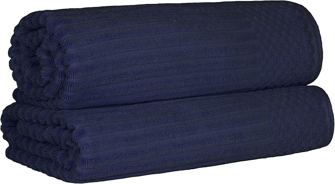 Superior Cotton 2-Piece Solid and Ribbed Bath Sheet Set, Bath Sheets- 34" x 68", Navy Blue