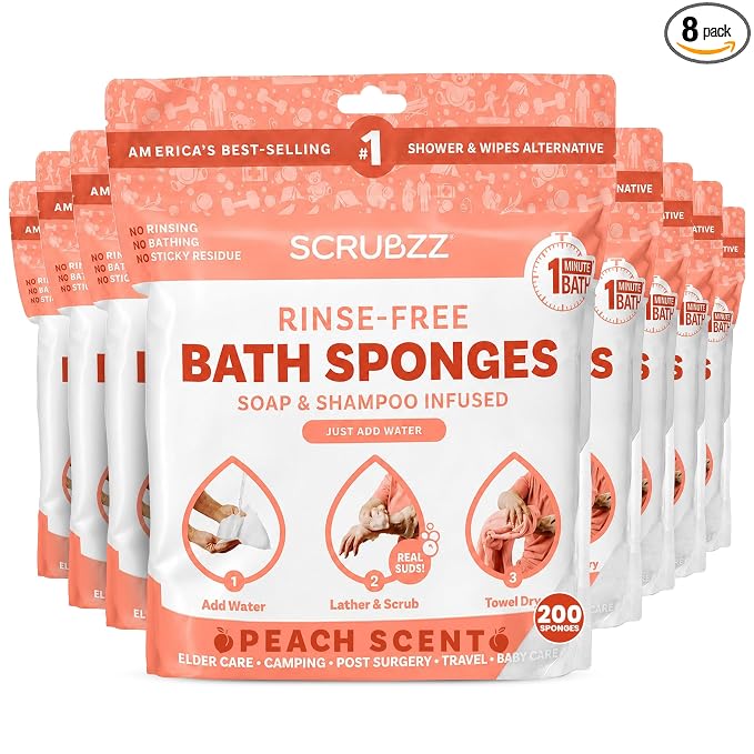 Scrubzz Disposable No Rinse Bathing Wipes - All-in-1 Single Use Shower Wipes, Simply Dampen, Lather, and Dry Without Shampoo or Rinsing (Peach, 8-Pack)