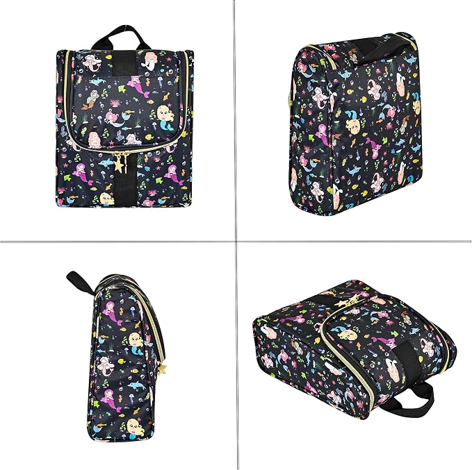 Remobia Hicol Cute Cartoon Hanging Kids Toiletry Bag Children Travel Cosmetic Makeup Organizer Wash Bag Shower bag Over Night Bag Camping Shaving Kit Bag for Boys & Girls (Mermaid Black)