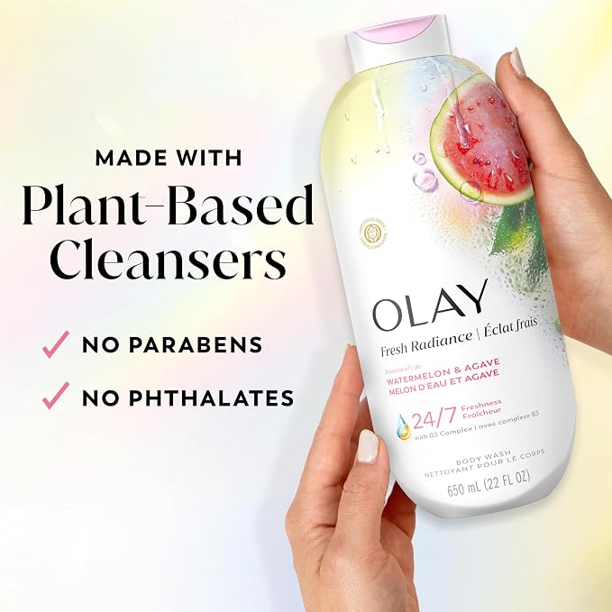 Olay Body Wash for Women, Fresh Radiance, 24/7 Skin-Loving Freshness, Visibly Radiant, Plant Based Cleansers, Vitamin B3 & Antioxidant Blend, For All Skin Types, Watermelon & Agave Scent, 22 fl oz