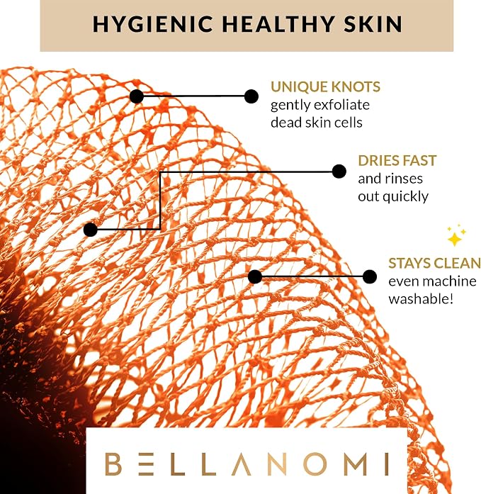 BELLANOMI African Exfoliating Net Sponge, Authentic, Ethically sourced from Nigeria, 45 inches Long, Back Scrubber for Daily use (Orange)