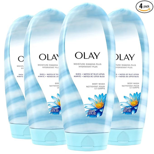 Olay Body Wash for Women, Moisture Ribbons Plus, Deep Conditioning & Moisturizing Formula, Long Lasting Smooth Soft Skin, For All Skin Types, Shea Butter & Blue Lotus Scent, 18 fl oz (Pack of 4)