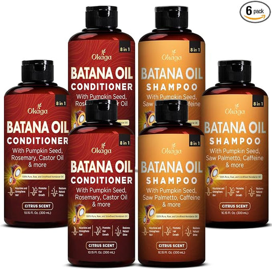 Okaga Batana Oil Shampoo & Conditioner Bundle, Citrus, 10.15 fl oz, 3 Pack | Aloe Vera, Saw Palmetto, Caffeine, Biotin, Jojoba, Pumpkin Seed, Castor, Rosemary & Hydrolyzed Rice Protein