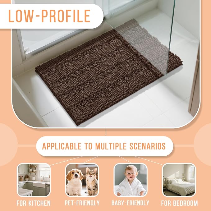 Yimobra Bathroom Rug Mat, Non Slip and Super Absorbent Bath Mat, Machine Washable Quick Dry, Ultra Plush Chenille Shower Rugs for Bathroom Floor Sink Tub and Shower Outside, Brown, 24 x 17