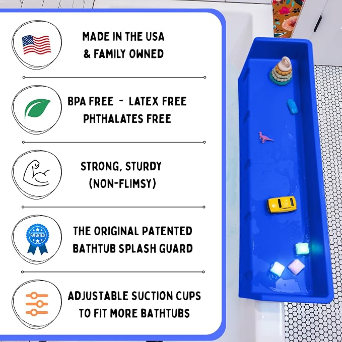Tub Topper Kids Bathtub Splash Guard, Shelf & Toddler Bath Toy Tray - Blue | Toddler Bath Tray & Ledge Organizer, Strong Suction Cups, Patented Lip Design, Kids Bathroom Accessory Storage, Made in USA