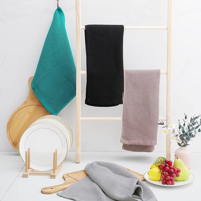 Homaxy 100% Cotton Waffle Weave Kitchen Dish Towels, Ultra Soft Absorbent Quick Drying Cleaning Towel, 13 x 28 Inches, 18-Pack, Black