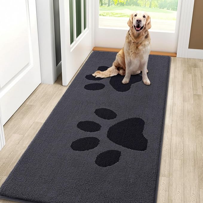 Smiry Dog Door Mat for Muddy Paws, Absorbs Moisture and Dirt, Low-Profile Entryway Mat with Non-Slip Backing, Entry Indoor Outdoor Doormat for Inside Floor (59x24 Inches, Black, Paw