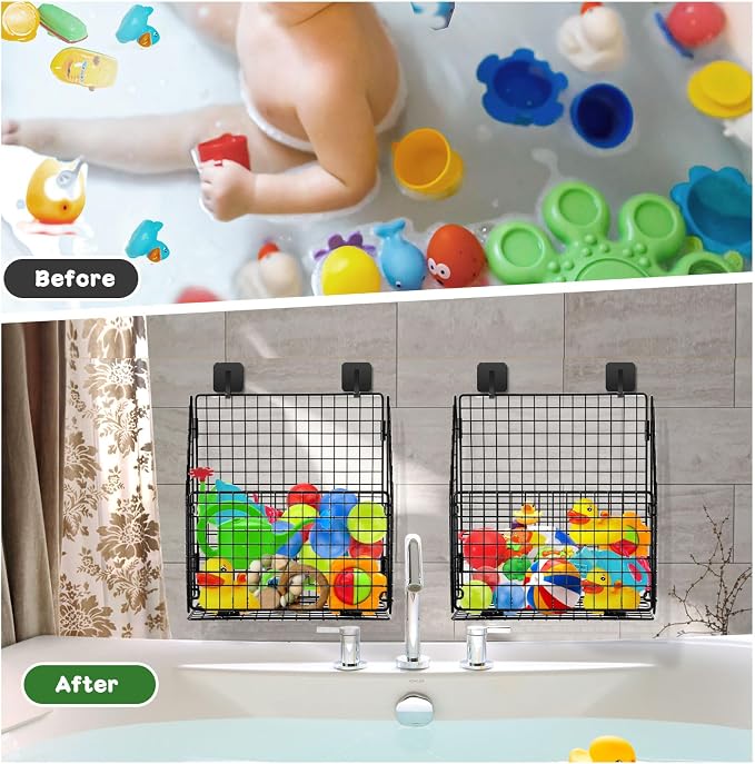 Greentainer 2-Pack Bath Toy Storage Organizer, Large Foldable Bathtub Toy Holder with Drainage, No Drill Adhesive Wall Mounted Rustproof Metal Wire Basket for Bathroom Tub & Shower Toys