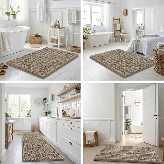 Smiry Bathroom Rugs Mat 47x24, Extra Soft Absorbent Chenille Bath Rugs, Non Slip Rubber Backing Machine Washable Quick Dry Bath Mats for Bathroom Floor, Tub, Shower, Home Decor Accessories, Latte