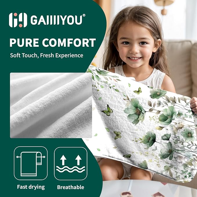 Sage Green Leaves Hand Towels Butterfly Floral Absorbent Microfiber Towel for Bathroom