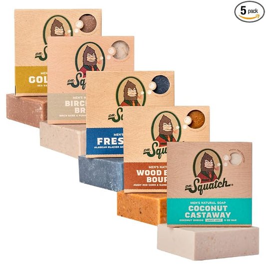 Dr. Squatch Natural Men’s Bar Soap - Cold Process Body Soap Bar with Natural Oils - Gifts for Men - Coconut Castaway, Wood Barrel Bourbon, Fresh Falls, Birchwood Breeze & Gold Moss (5 oz, 5-Pack)