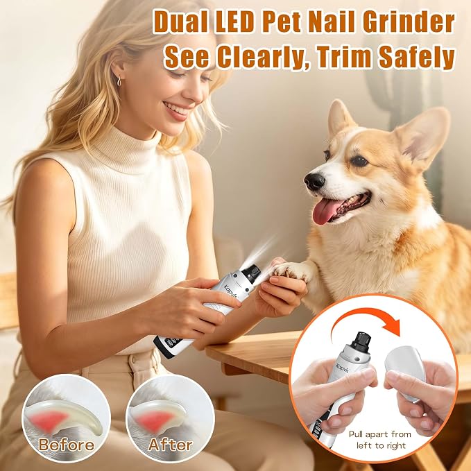 Dog Nail Grinder with Replacement Heads, Digital Display & LED Light, 2.5Hr Charge for 480Min Use, 10000RPM Quiet Motor for Large Medium Small Dogs and Cats