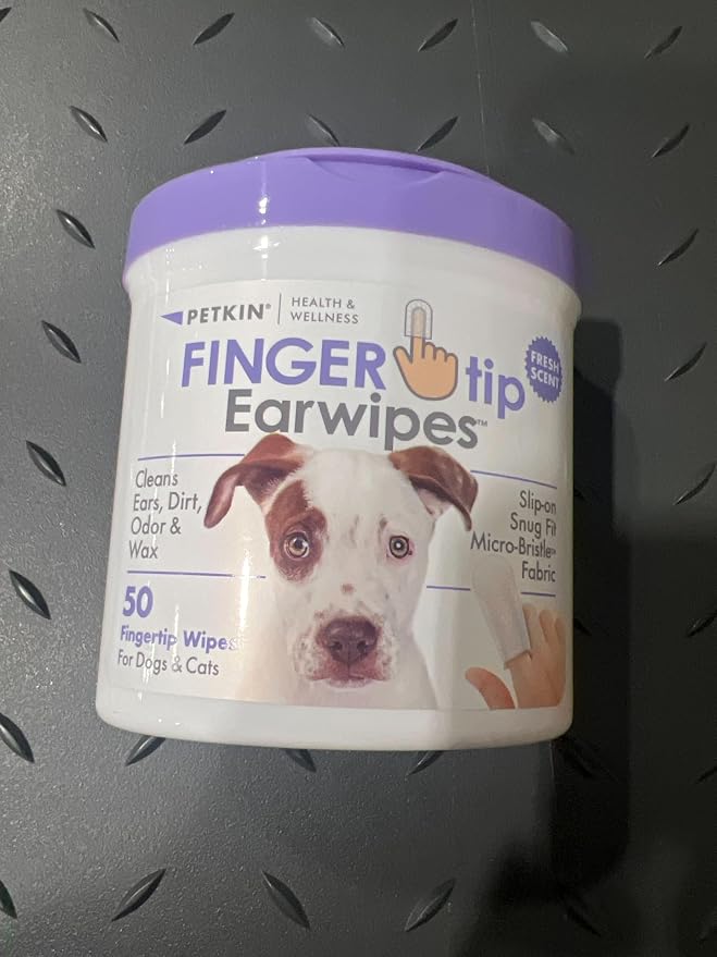 Petkin Fingertip Ear Wipes for Dogs and Cats, 50 Finger Wipes - Slip-On, Snug Fit, Micro-Bristle Fabric - Cleans Ears, Dirt, Odor and Wax - Convenient, Ideal for Home and Travel - Fresh Scent