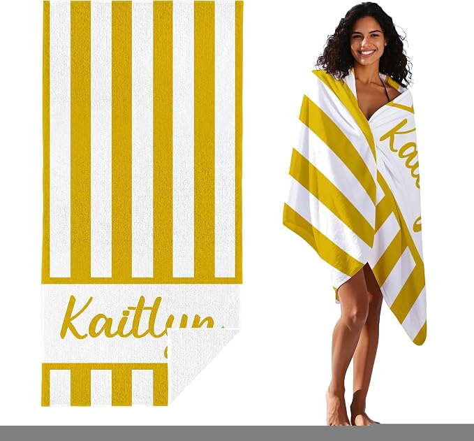 JML Personalized Beach Towel with Name, Custom Cabana Stripe Beach Towel, Customized Microfiber Pool Towel, Quick Dry & Absorbent Swim Towel for Adult,Anniversary, Birthday, Summer Holiday,Vacation