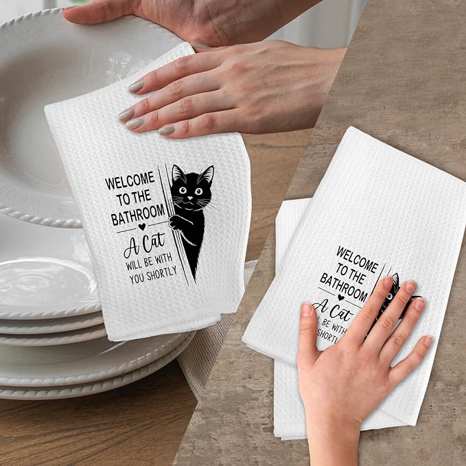 Funny Black Cat Hand Towels for Bathroom, A Cat Will Be with You Shortly Hand Towels, Black Cats Welcome to the Bathroom Dish Tea Towel Decor, Cats Gifts for Women Men, 16x24 Inch