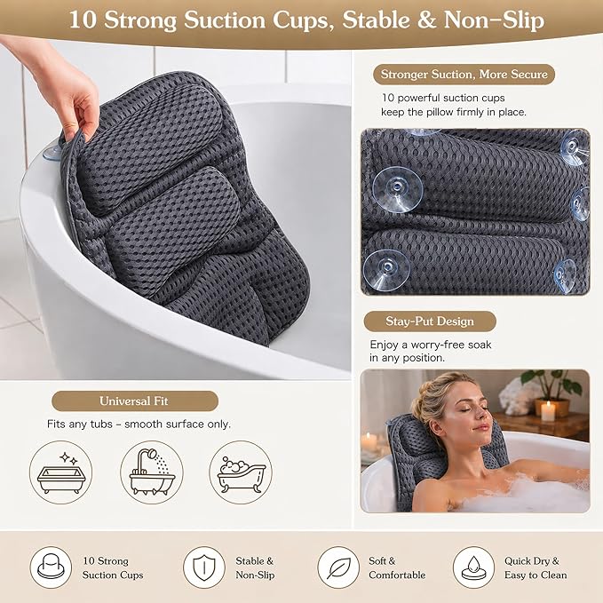 Luxury Bath Pillow for Tub, with 10 Strong Suction Cups, Non-Slip Bathtub Pillow for Head Neck & Back Support, Extra Large 21” Spa Bath Pillow, 4D Air Mesh Quick-Dry, Gift for Women(Grey)