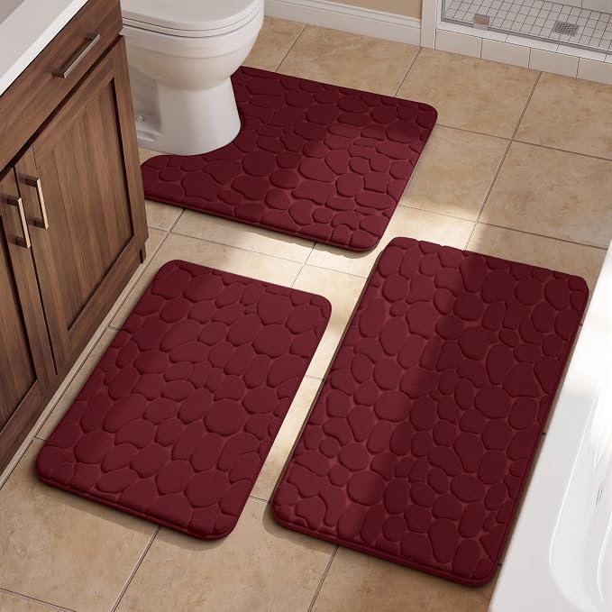 YIHOUSE Bathroom Rugs Mat Set, Memory Foam Bath Mat 3 Piece Red | U Shape+Small Mat, Non Slip, Water Absorbent, Washable, Bath Mat For Bathroom, Sink and Toilet