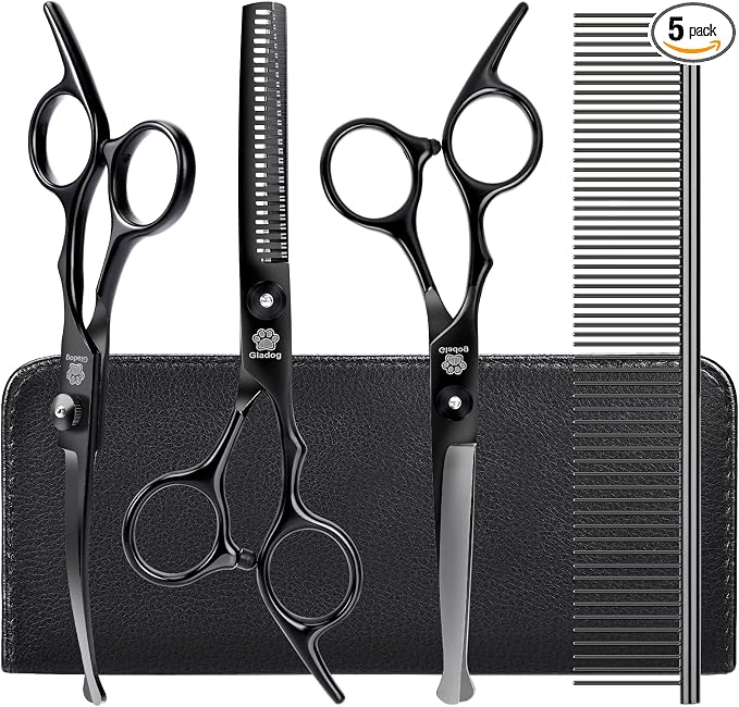 Dog Grooming Scissors Kit with Safety Round Tips, GLADOG Professional 5 in 1 Grooming Scissors for Dogs