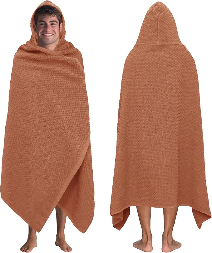 COTTON CRAFT Hooded Bath Towel – Oversized 35 x 70 Waffle Weave Towel with Hood for Adults - 100% Ringspun Cotton Pool Bath Sheet Wrap with Hood - Soft Super Absorbent Quick Dry – 450 GSM – Mocha