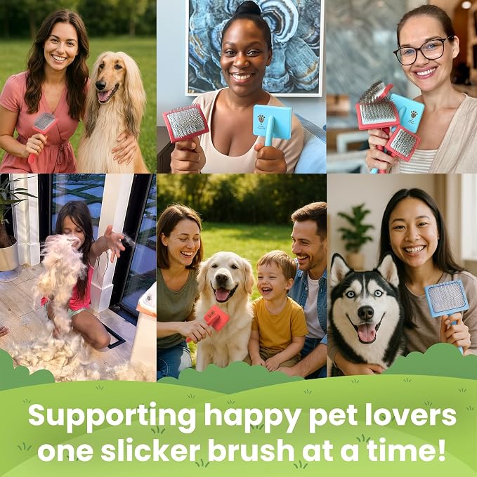 Pet Slicker Brush With Soft Massage Grooming Stainless Steel Pins - For Dematting, Shedding Fur, and Undercoat - Ideal Gift for Professional Pet Groomers - Long Slicker Brush (Blue, Curved Medium)