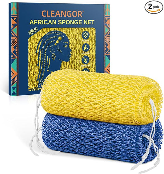 Cleangor 2Pcs African Net Sponge Authentic with Knots - Exfoliating Body | Scrubber for All Skin Types, African Bath Sponge, Wash Cloth, Gentle Exfoliation Shower Rag for Women Daily Use