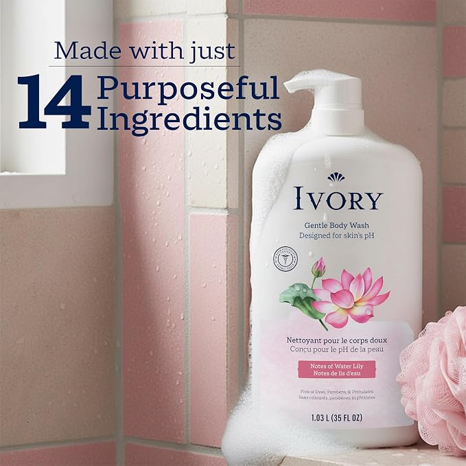 Ivory Body Wash, Designed for the Whole Family, Gentle Formula, Free of Dyes Heavy Perfumes Parabens Phthalates & Silicones, Designed for Skin's pH, Water Lily Scent, 35 oz