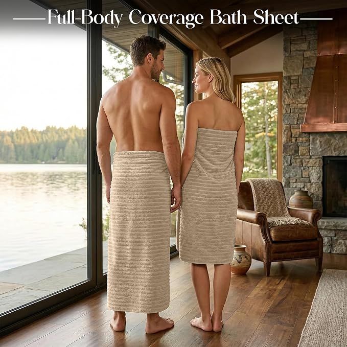RIVERSIDE Pack of 2 Extra Large Bath Sheet Towels, 35 x 70 Inches, 600 GSM, Ribbed Stripe, 100% Cotton - Super Soft, Highly Absorbent & Quick Dry for Bathroom, Spa & Hotel, Tan