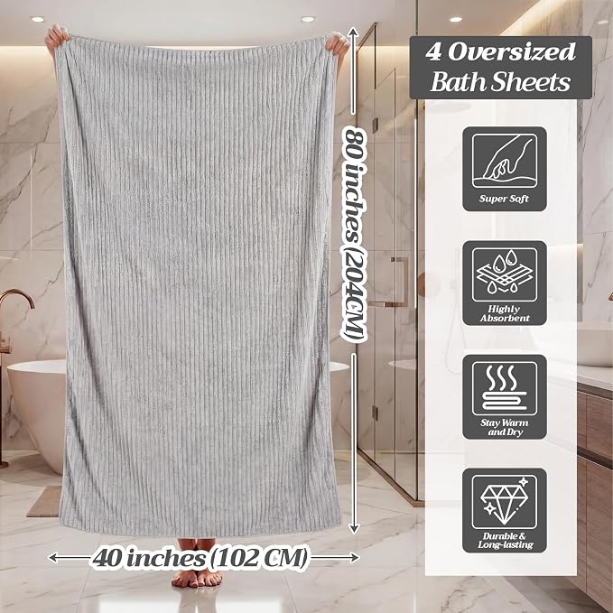 4 Pcs Extra Large Bath Towel Set 40x80'' Oversized Bath Sheet for Adult Microfiber Quick Dry Fluffy Absorbent Blanket with Hanging Loop for Pool Gym Body Shower(Gray)