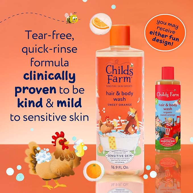 Childs Farm, Kids Hair & Body Wash for Dry, Sensitive Skin, Organic Sweet Orange, Gently Cleanses, Vegan, Cruelty-Free, 16.9 fl oz