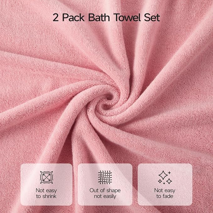 ecolook 2 Pack 100% Cotton Bath Towels, 28 x 55 Inches, Soft | Lightweight, Highly Absorbent & Quick Dry Body Towels for Bathroom, Shower, Gym & Daily Use, Pink