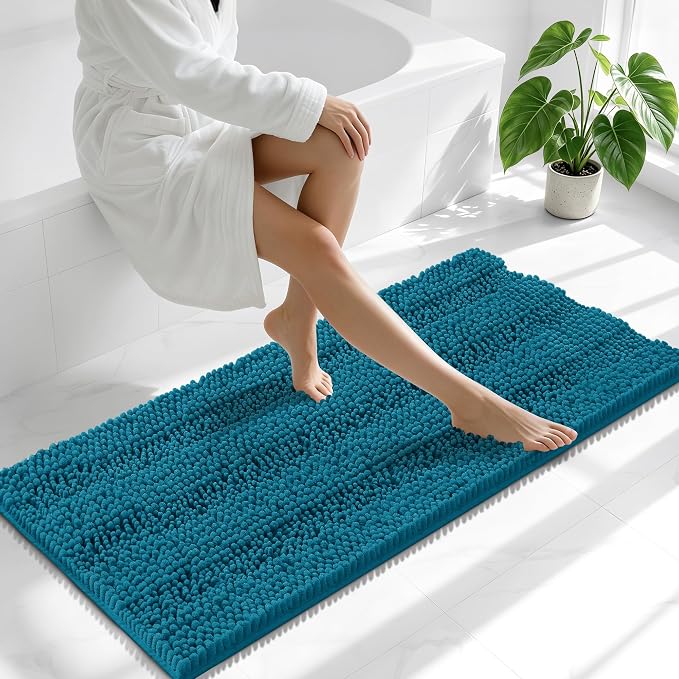 Smiry Thick Chenille Bathroom Runner Rugs 47x20, Extra Absorbent Striped Bath Mat, Machine Washable, Rubber Backing, Long Bath Rugs for Tub & Shower, Modern Home Decor Accessories, Peacock Blue