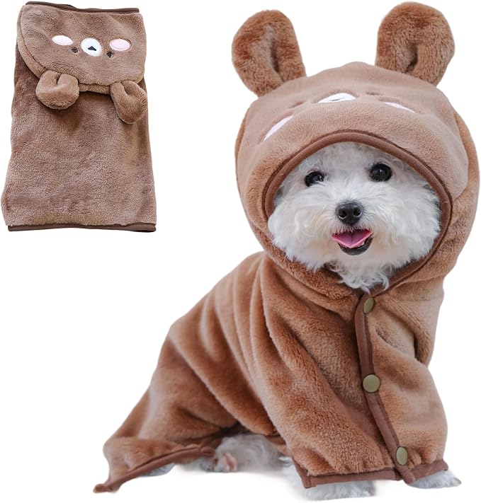 Dog Bathrobe with Hood Super Absorbent Soft Quick Drying Towel Wrap Adjustable Puppy Cat Bath Robe Towel for Cold Weather Beach Pool (Dark Brown Bear, Medium)