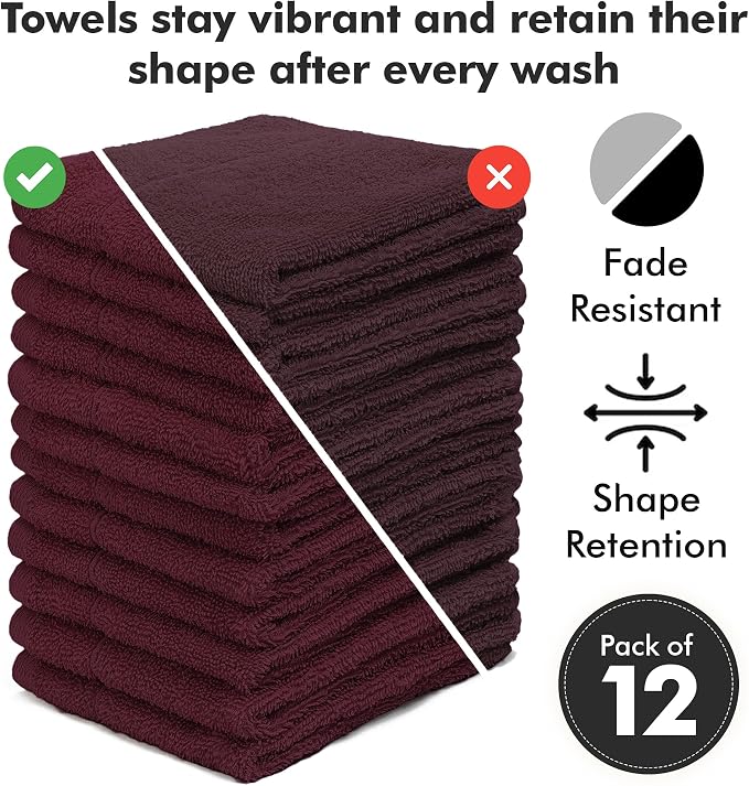 Face Towels Pack of 12 – 100% Cotton Wash Cloths (12x12 inch) – 550 GSM Soft, Quick Dry & Highly Absorbent Ring Spun Cotton Towels for Bathroom, Spa, Gym, Kitchen and for Daily Use - (Burgundy)