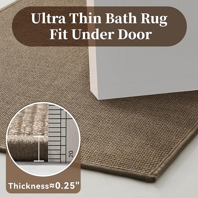 MontVoo Bath Mat Rug-Ultra Thin Non Slip Bath Mats for Bathroom Mat Quick Dry, Rubber Backing Washable Bathroom Rugs Fit Under Door, Absorbent Bath Rugs for Floor,17"x24",Khaki