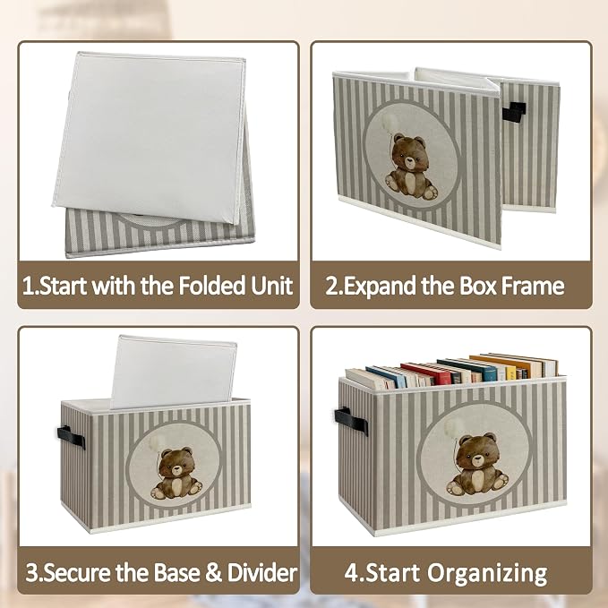 Bear Nursery Foldable Storage Bins Box with Handles, Neutral Striped Cute Bear Balloon Collapsible Organizer Basket for Kids Boy Girl Nursery Bedroom Bathroom Playroom Clothes Books