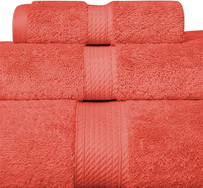 SUPERIOR Egyptian Cotton Ultra Plush & Absorbent, 3 Piece Set, Coral | Quick Dry, Soft Luxury Towel Set, Bath Essentials, Guest Bath, Spa, 1 Bath, 1 Hand, 1 Face Towels, Madeline Towels